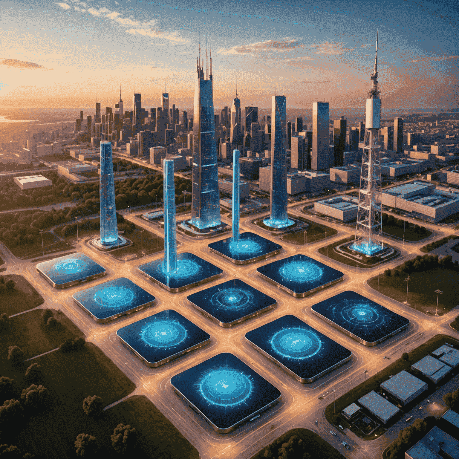 صورة توضيحية لأحدث التقنيات في مجال الاتصالات، تظهر هواتف ذكية وأبراج 5G