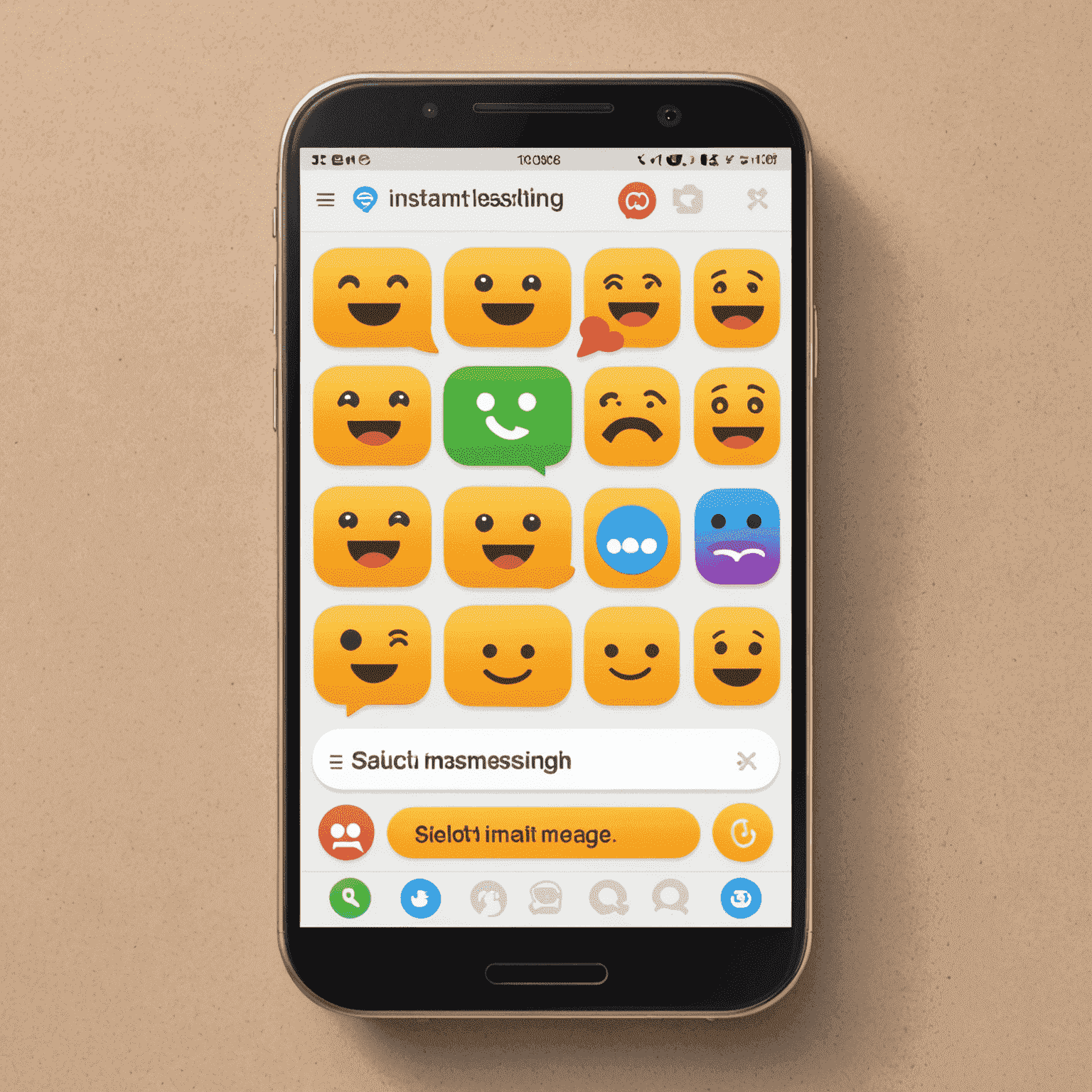 صورة توضيحية لواجهة تطبيق المراسلة الفورية، تظهر محادثات متعددة ورموز تعبيرية وأزرار إرسال الرسائل