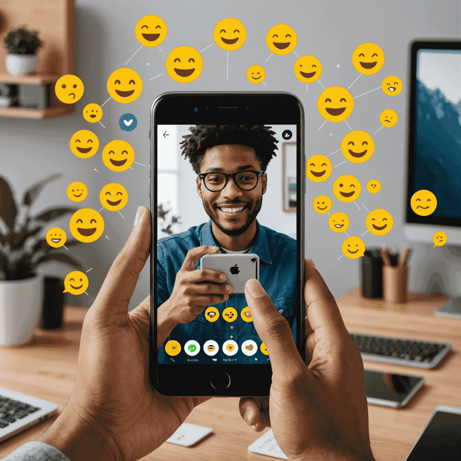 صورة لشخص يستخدم هاتفًا ذكيًا لإجراء بث مباشر، مع رموز تعبيرية وتعليقات تتطاير حول الشاشة