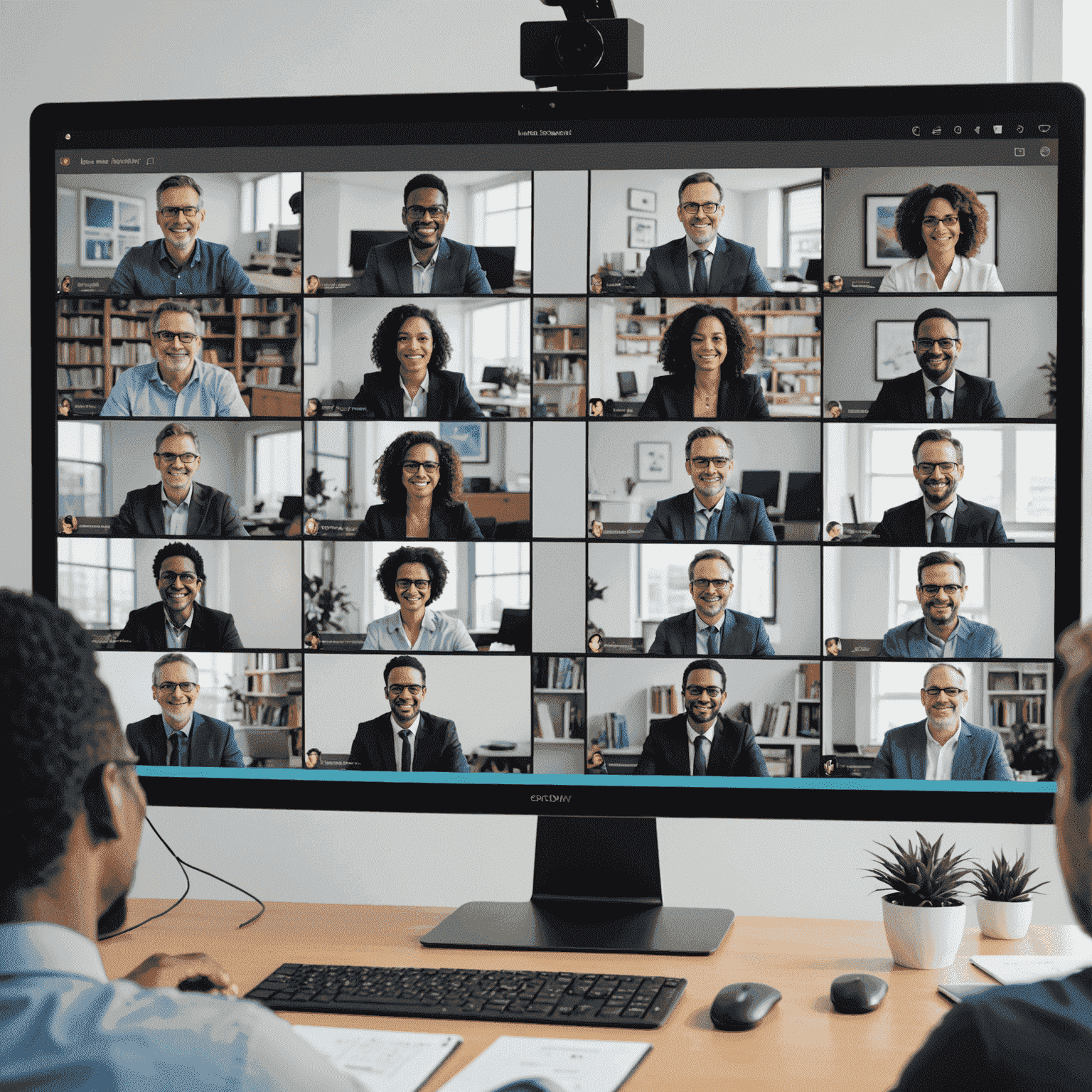 صورة توضيحية لواجهة برنامج مؤتمرات الفيديو الخاص بنا، تظهر ميزات متقدمة مثل الخلفيات الافتراضية وأدوات التعاون